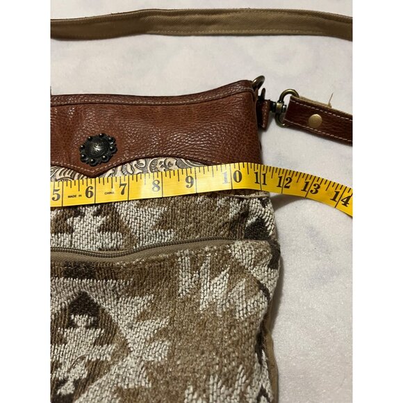 Myra Brown & Beige Boho Crossbody Bag Geometric Pattern Adjustable Strap Leather - Picture 5 of 14